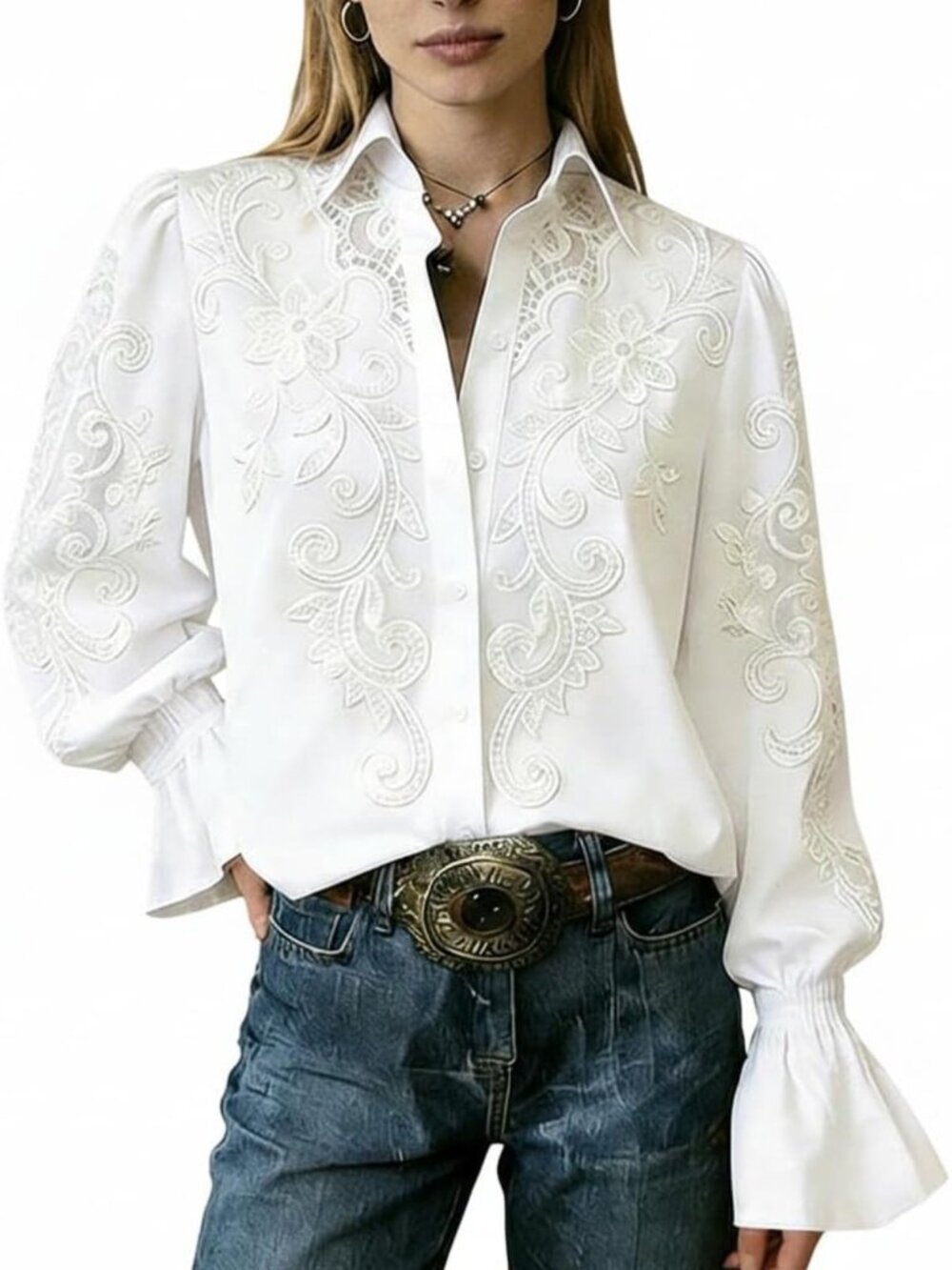 Floral Embroidered Long Sleeve Blouse with Flare Cuffs for Women - Chic Style